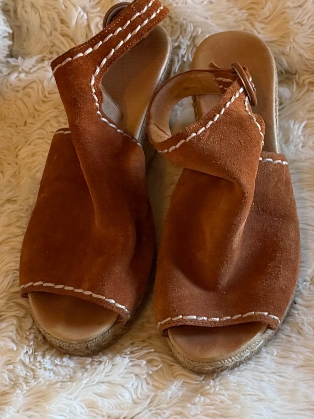 Anthropologie Brown with Exposed Seams, Peep Toe Wedges Size 38